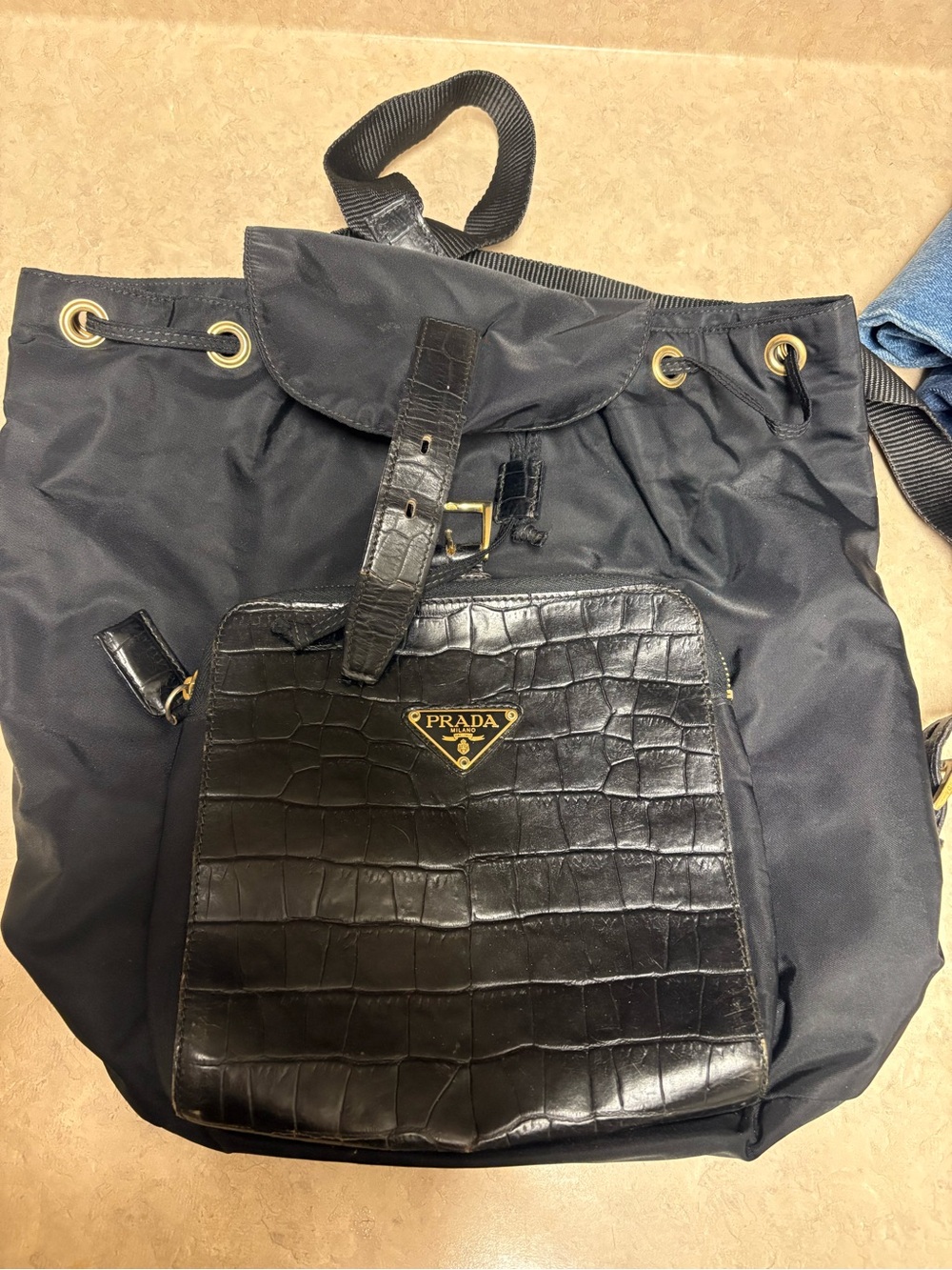 Prada Black Nylon Backpack with Croc-Embossed Front Pocket